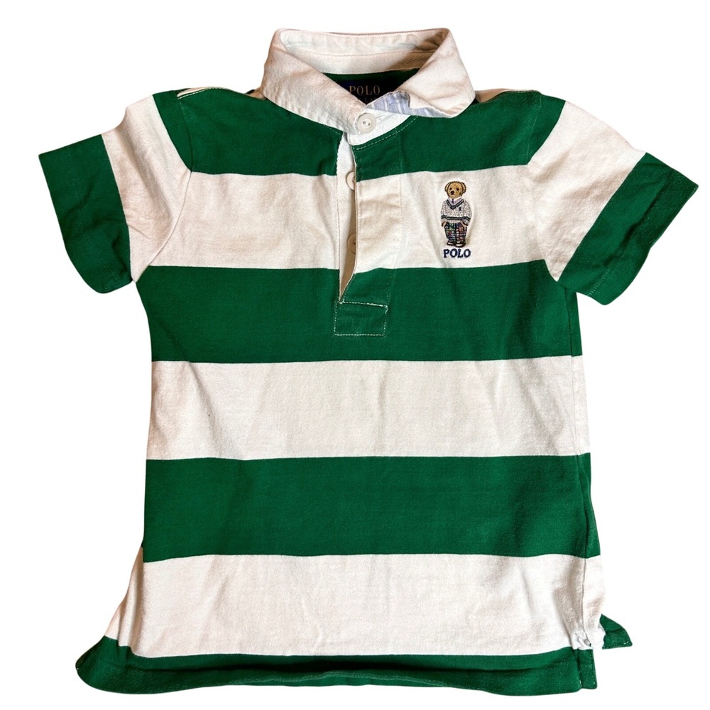 Polo Ralph Lauren‎ Polo Bear Rugby Short Sleeve Green White Stripe Youth 5